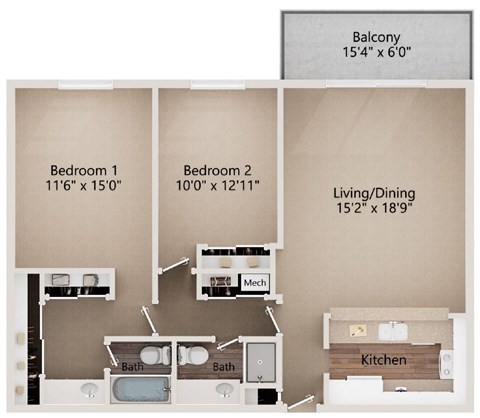Floor plan for 2 beds, 2 baths, 1026 sqft